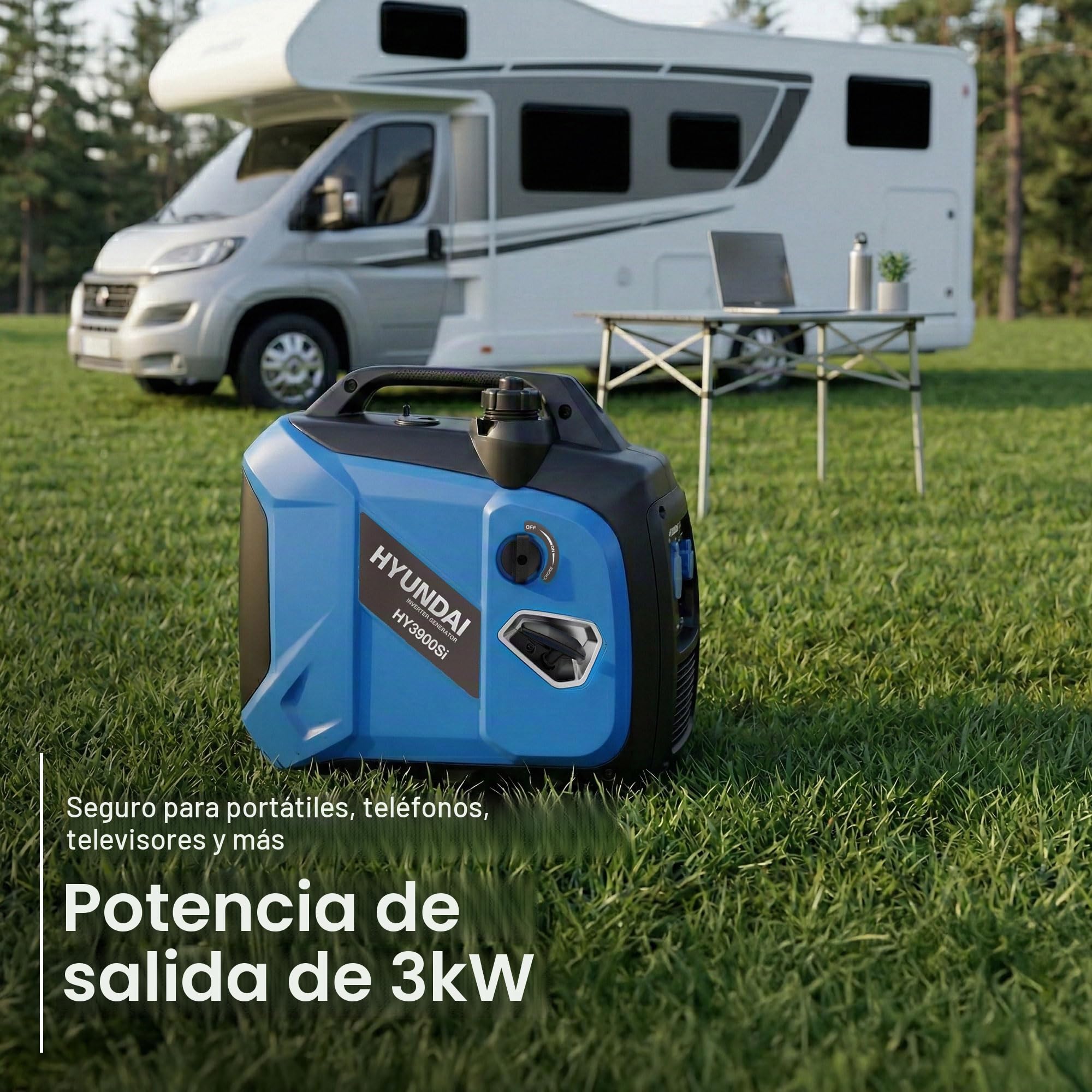 Hyundai - Grupo electrógeno inversor 3300 W/3 kW continuo, gasolina, silenciador, onda sinusoidal pura, toma 16 A, garantía de 3 años – HY3900Si-EU