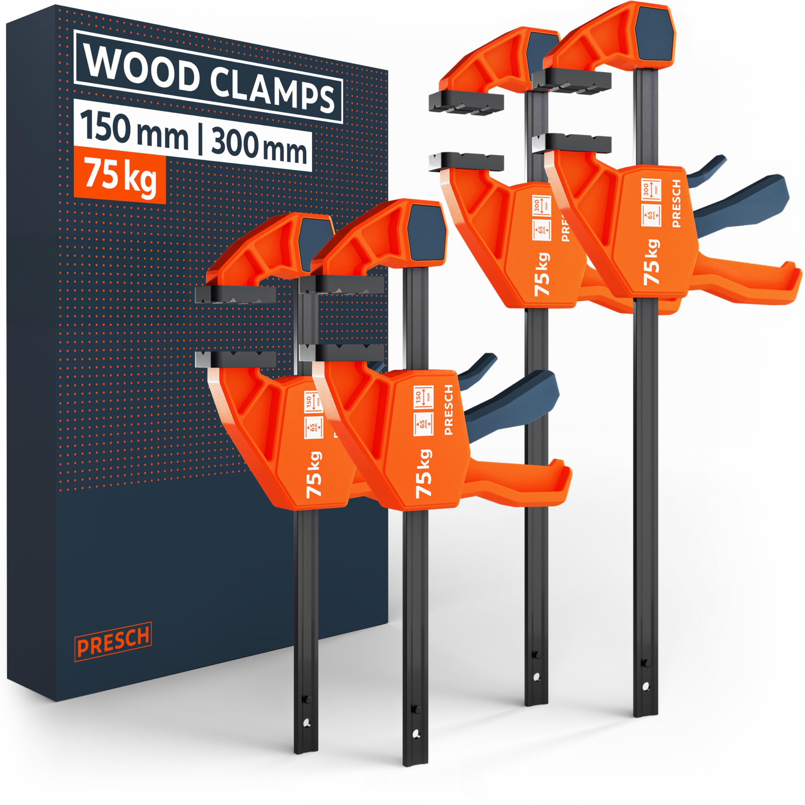 Presch Wood Clamps 150mm & 300mm 4 pcs, Clamps for Woodwork with 75kg Clamping Force for immediate Fixing