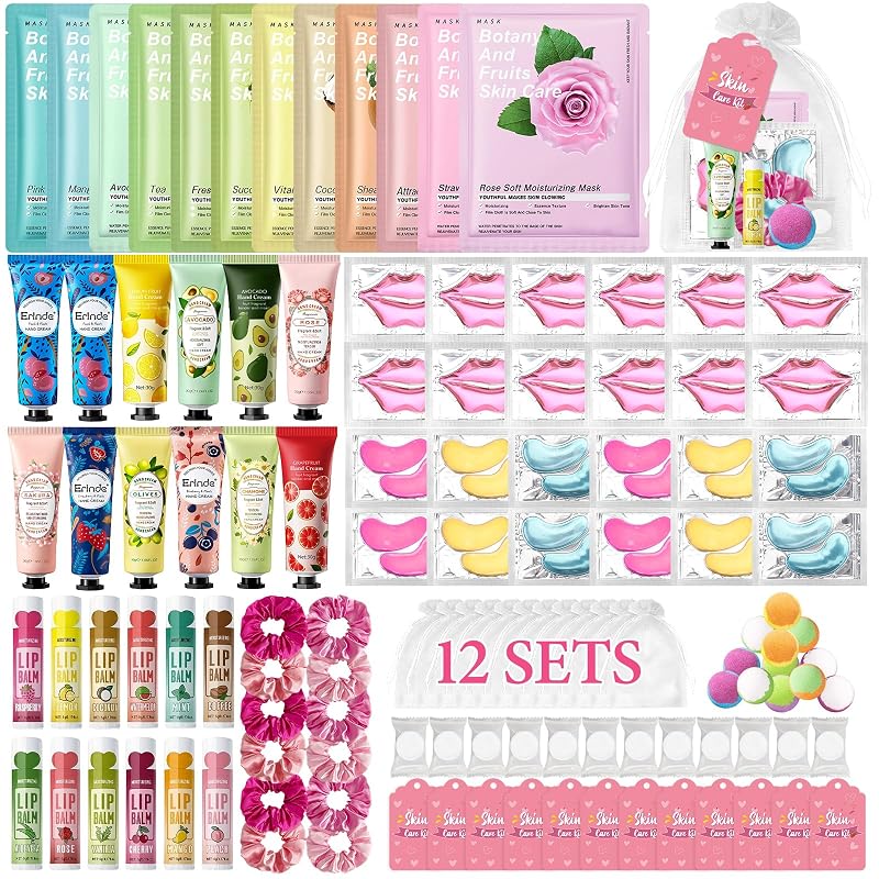 Erinde Kit de acessórios para festa spa com máscaras faciais, creme para as mãos, bálsamo labial, adesivos para a região dos olhos, máscara labial, bombas de banho e acessórios, 120 unidades