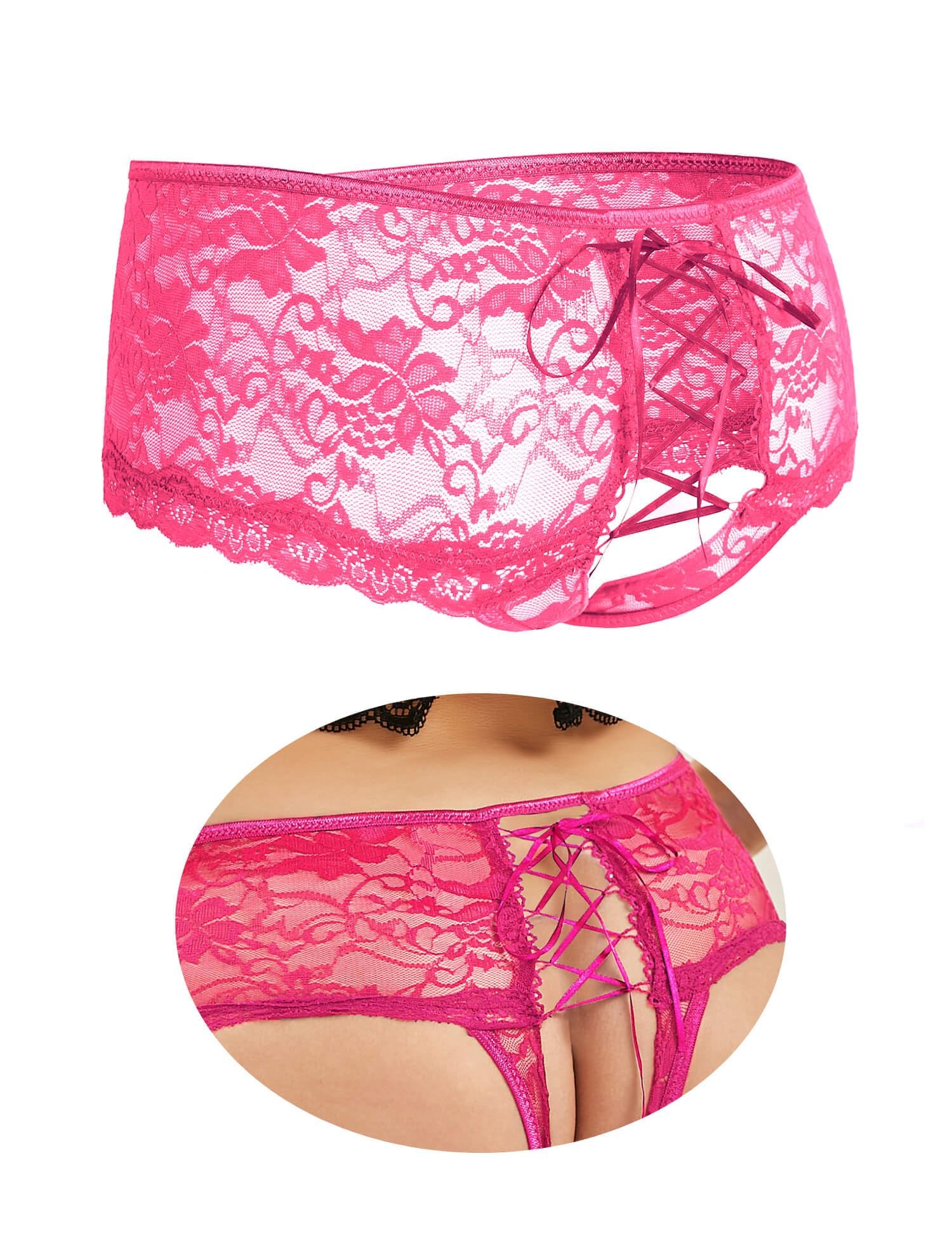 ohyeahlady Höschen Ouvert Damen Sexy Erotik Große Größen String Tanga Dessous Damen Sexy Unterwäsche Spitze Unterhosen Offener Schritt Brazilian Slip Hipster Panty Frau Mollig Übergröße Rosa,M-L