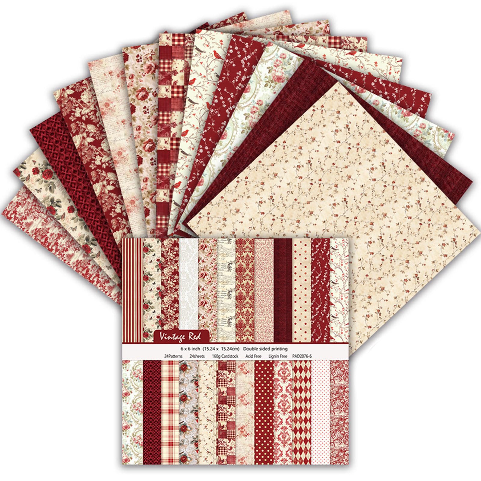 24 Sheets 6x6 Double Sided Scrapbook Paper for DIY (Vintage Red) — image 1
