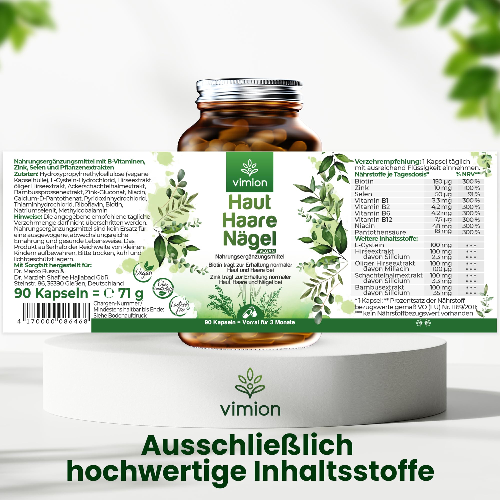 Haut-Haare-Nägel - 90 Kapseln - 100% vegan - mit Biotin, Zink, Selen, B-Vitamin-Komplex, L-Cystein sowie Silizium aus Bambus, Ackerschachtelhalm & Hirse – Vorrat für 90 Tage