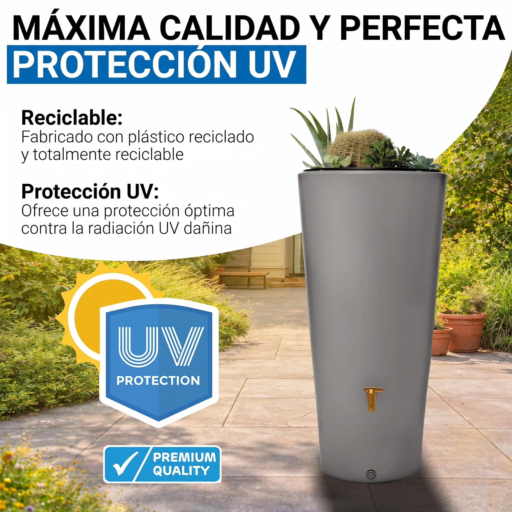 4rain Vaso 2en1 Barril para Agua de Lluvia 220 L Gris Zinc Incl. Grifo de Salida de plástico y conexión al bajante - depósito Decorativo Exterior - llenado filtrante automático - riego sostenible | y conector de bajante moderno barril de lluvia para jardí