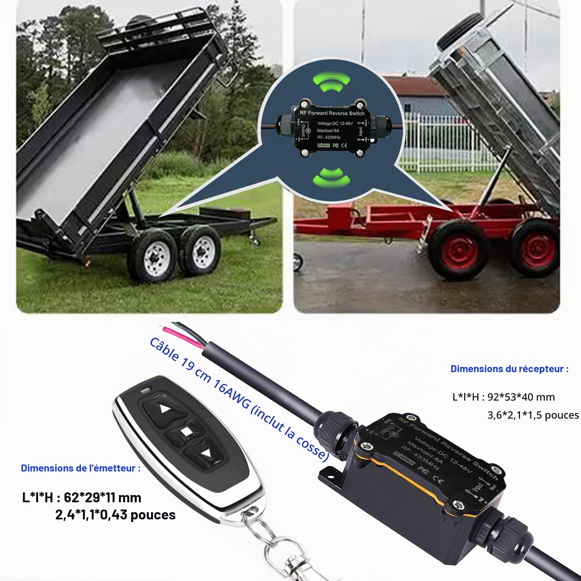 Télécommande sans fil pour moteurs, DC 12V/24V/48V/8A avec relais étanche, avant/arrière, portée de 50 m, humide/extérieur, moteurs, grues éoliennes, écran de projecteur, écran de projecteur
