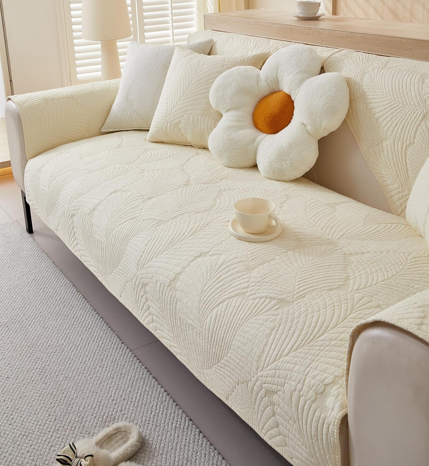 vctops Soft Cotton Quilted Couch Cover Neutral Leaf Embroidery Sofa Cover Anti Slip Sectional Couch Covers Washable Sofa Slipcover for Dogs, Children, Pets Furniture Protector (Cream,28"x82")