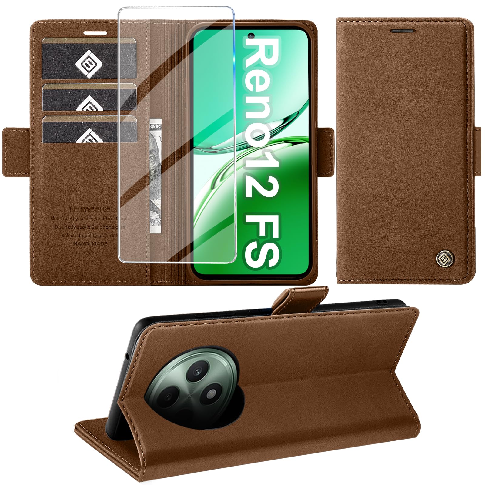 Giyer Cover per OPPO Reno12 FS/F 5G Custodia con Vetro Temperato, Premium Pelle PU Portafoglio Slot per Scheda RFID Antifurto Funzione Supporto Flip Case, Antiurto per OPPO Reno12 FS Cover (Marrone)