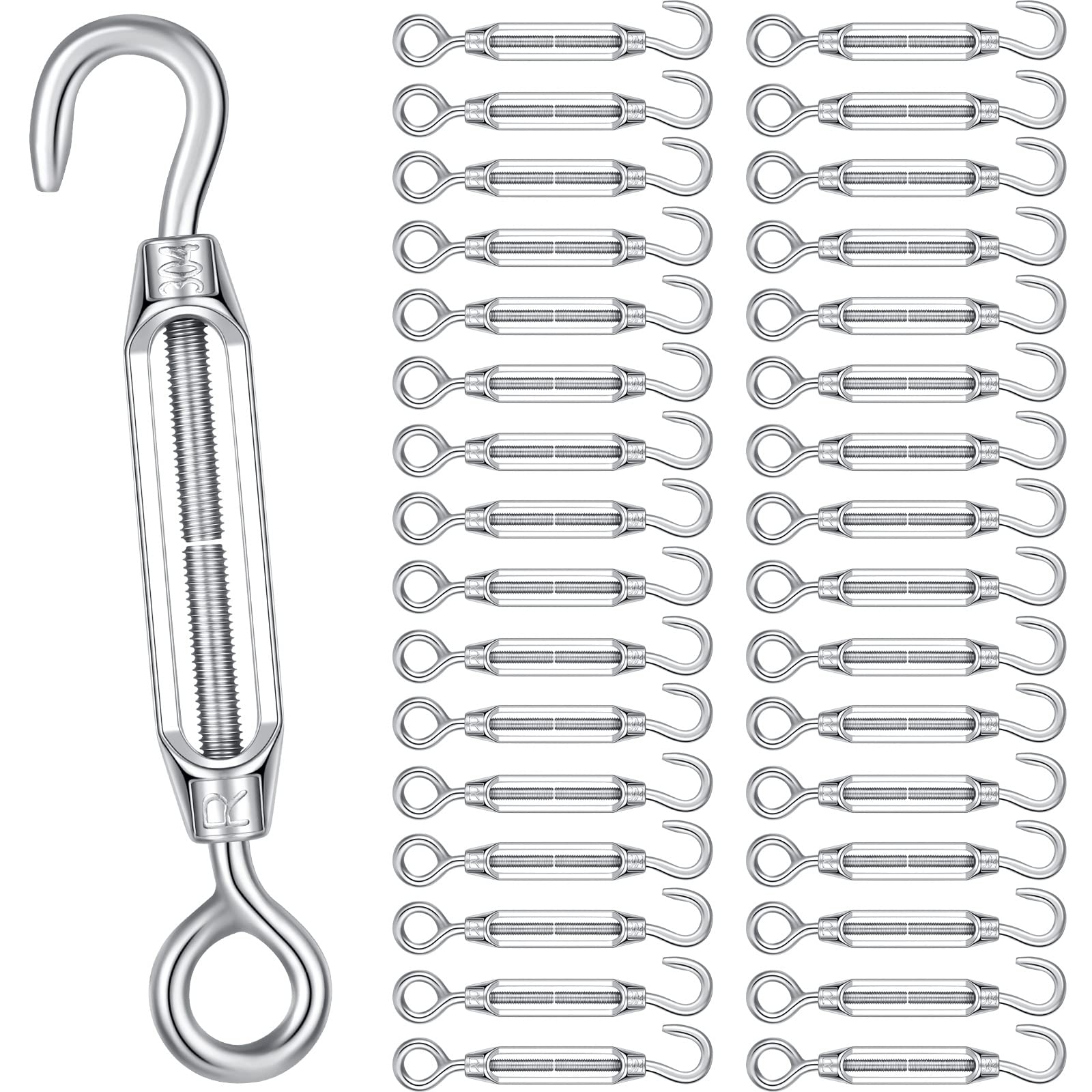 Hicarer 32 Pieces 4mm Hook and Eye Turnbuckle for Cable Wire Rope Tension, 304 Stainless Steel Turnbuckle Cable Tensioner Cable Tightener Wire Tightener for DIY String Light Picture Hanging Tent Rope