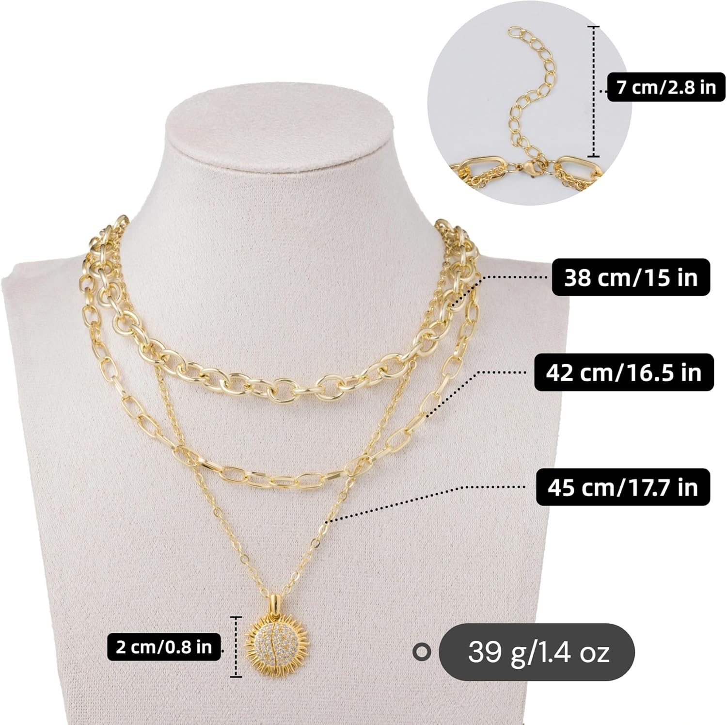 Gold Tone Layered Necklace for Women | 3-Layer Statement Chain with Folding CZ Sun&... - Image 5
