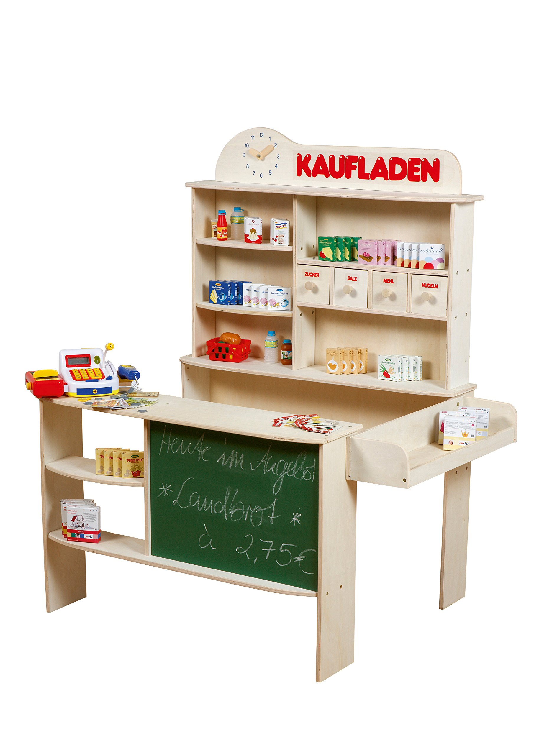 roba Marchande Enfant en Bois - Supermarché + Caisse Enregistreuse avec Microphone et Autres Accessoires - Naturel