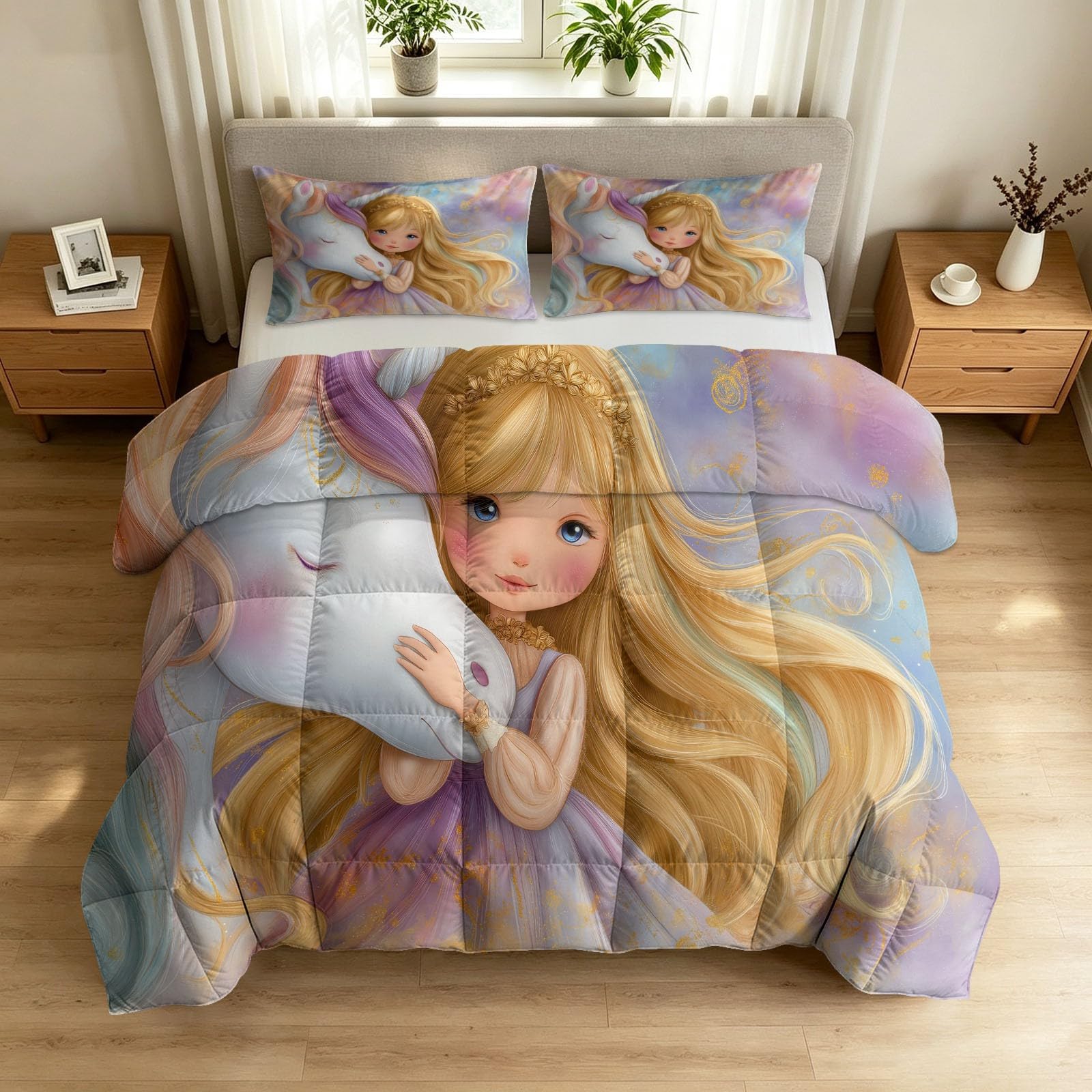Jednorożec blond kołdra pojedyncza dla małej dziewczynki, dwustronna, kreskówkowa, bez poszewki, zestaw pościeli 135 x 200 cm, antyalergiczna kołdra 7,5 Tog, na wszystkie pory roku, 1 miękka pościel z