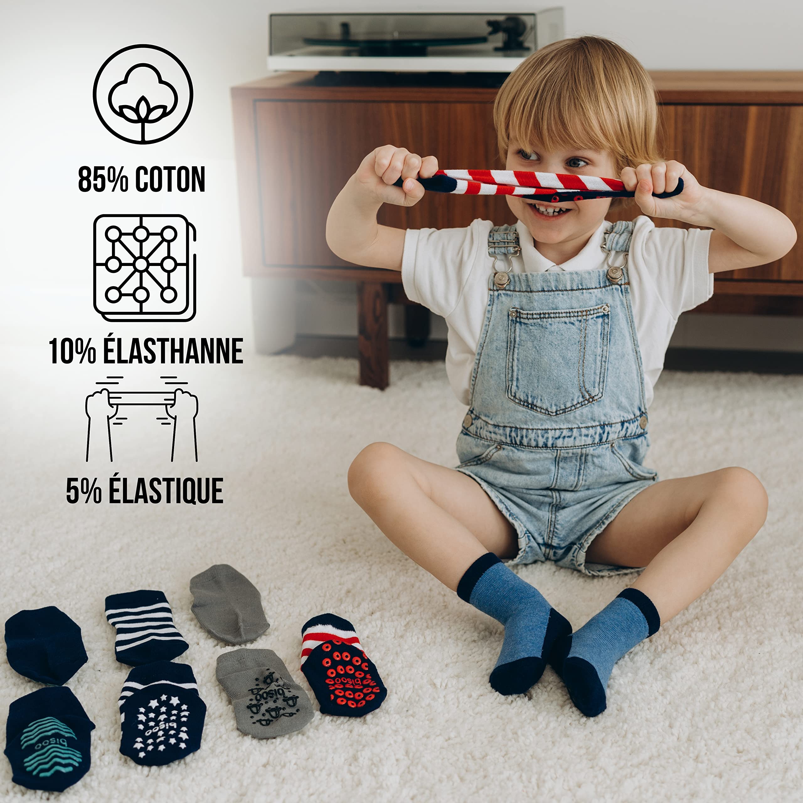 bisoo Chaussettes Antidérapantes Enfant - Ensemble de 5 Paires pour Garçon de 5 à 7 ans (Taille EU 29-32) - Coton Certifié Oeko-Tex - Garçon