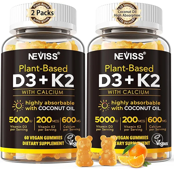 Vitamin D3 5000iu & K2( as MK7 ) 200mcg Gummies + 600mg Calcium, with Coconut Oil for High Absorption, Maximum Strength Vitamin D3 K2 Supplement - Support for Bones Muscle Teeth Immune, Vegan 2Packs