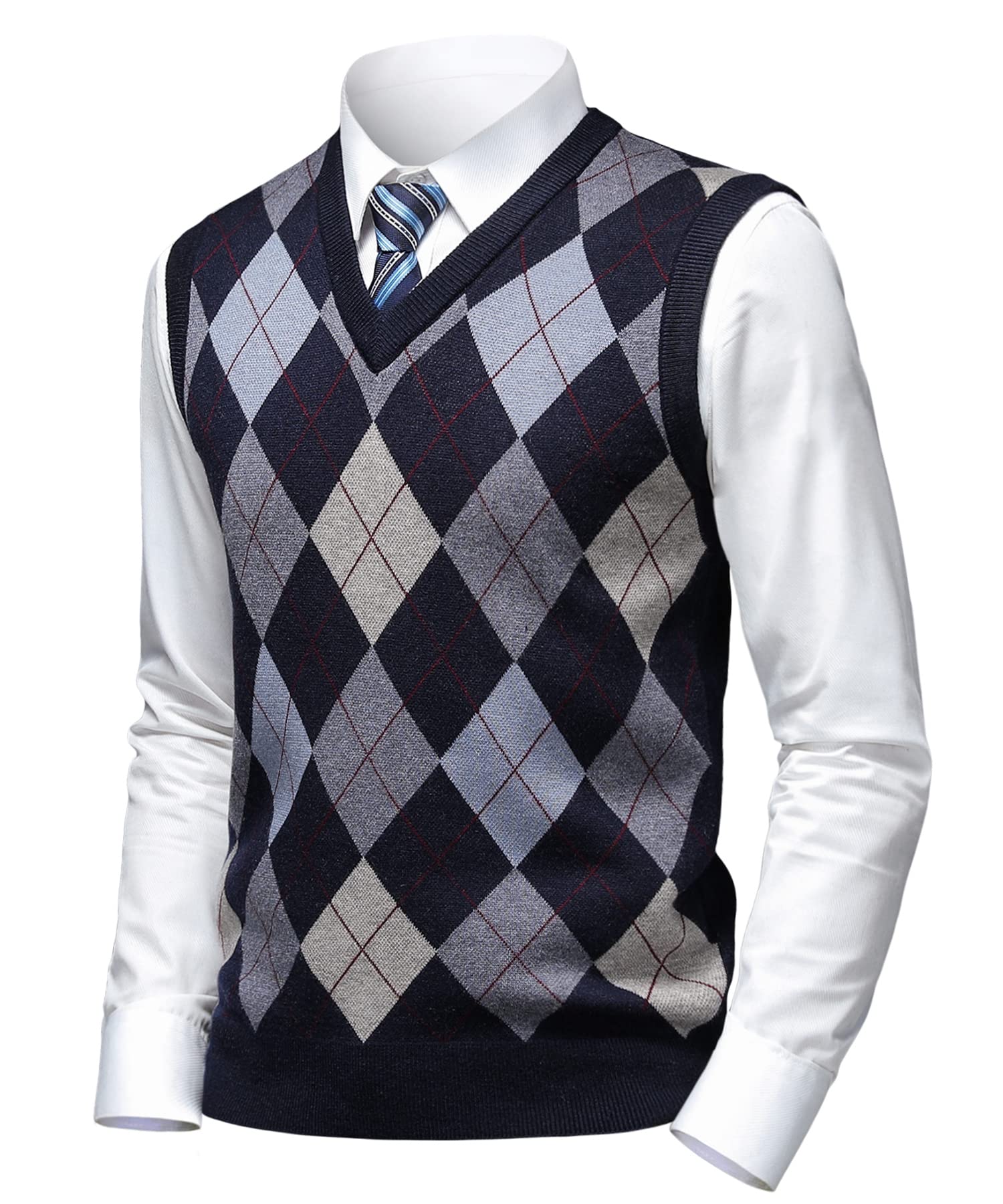Herothorn Mens Thick Argyle Sweater Vests Classic V-Neck Knitwear Sleeveless Pullover Autumn Winter Warm Tank Tops