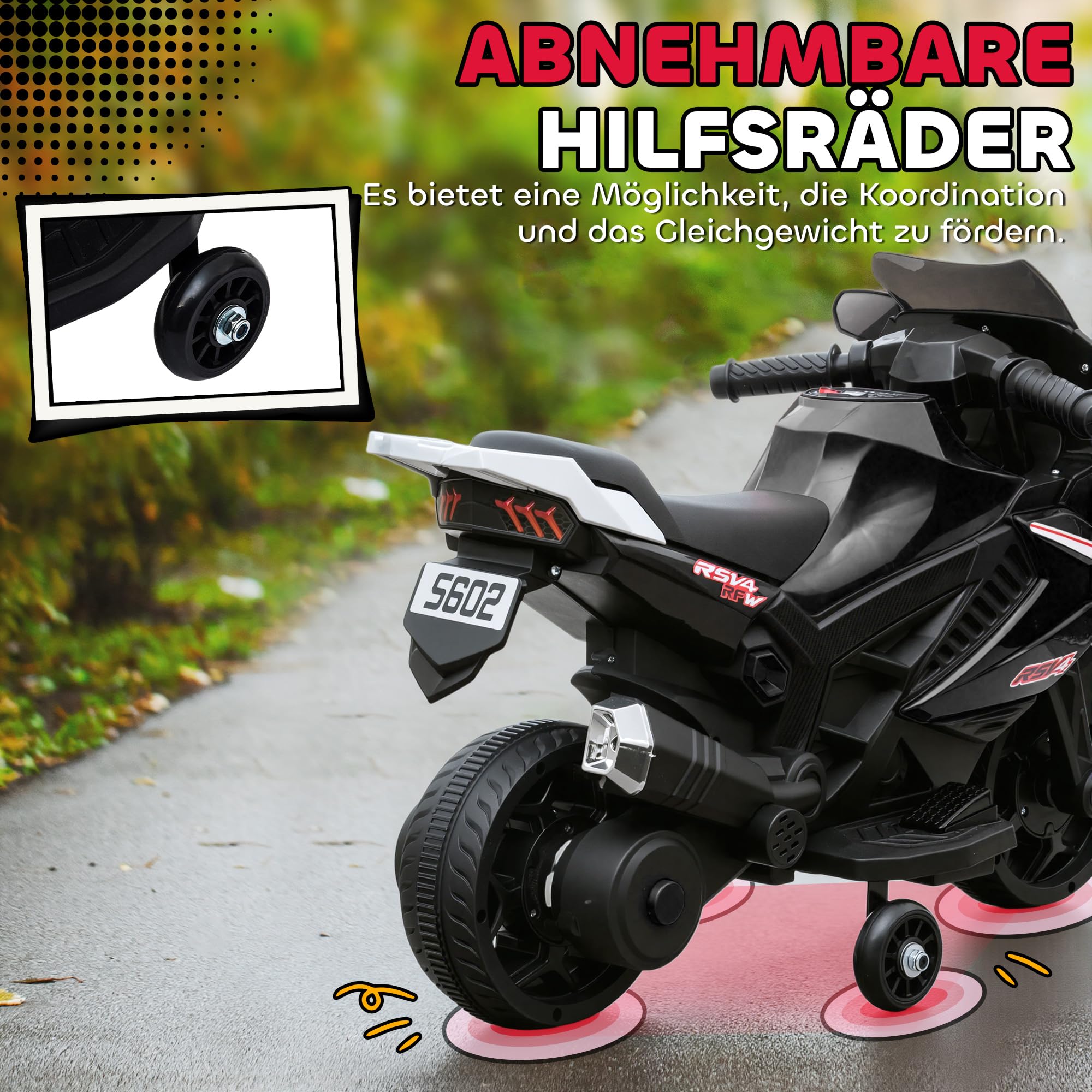 AIYAPLAY Elektryczny motocykl dla dzieci z USB, kółkami treningowymi, muzyką, klaksonem i reflektorami, dla dzieci w wieku 1,5-3 lat Czarny
