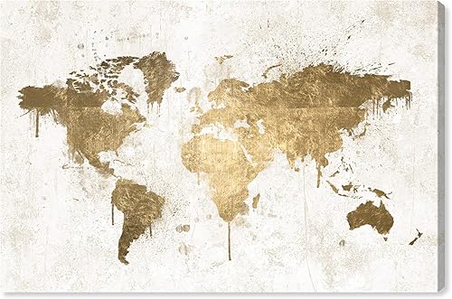 Oliver Gal Artist Co. Mapas y banderas, lienzo para pared, mapas del mundo "Mapamundi oro blanco", listo para colgar sala de estar, dormitorio y Oliver Gal Artist Co. Mapas y banderas, lienzo para pared, mapas del mundo "Mapamundi oro blanco", listo para colgar sala de estar, dormitorio y