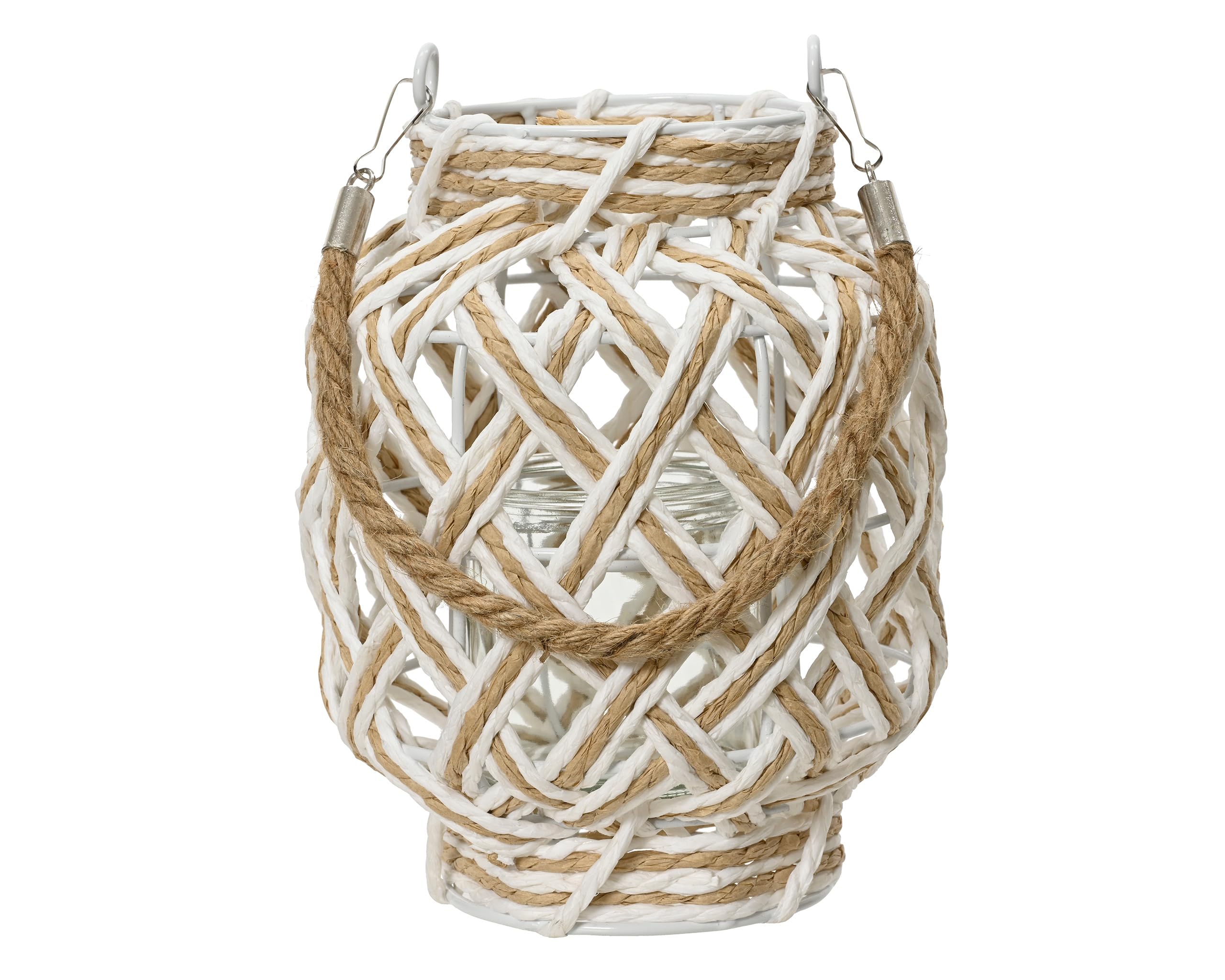 Lanterna Per Candela Antivento 22 Cm – Beige – In Carta, Metallo E Vetro – Con Manico E Inserti In Vetro – Per Interni/Esterni