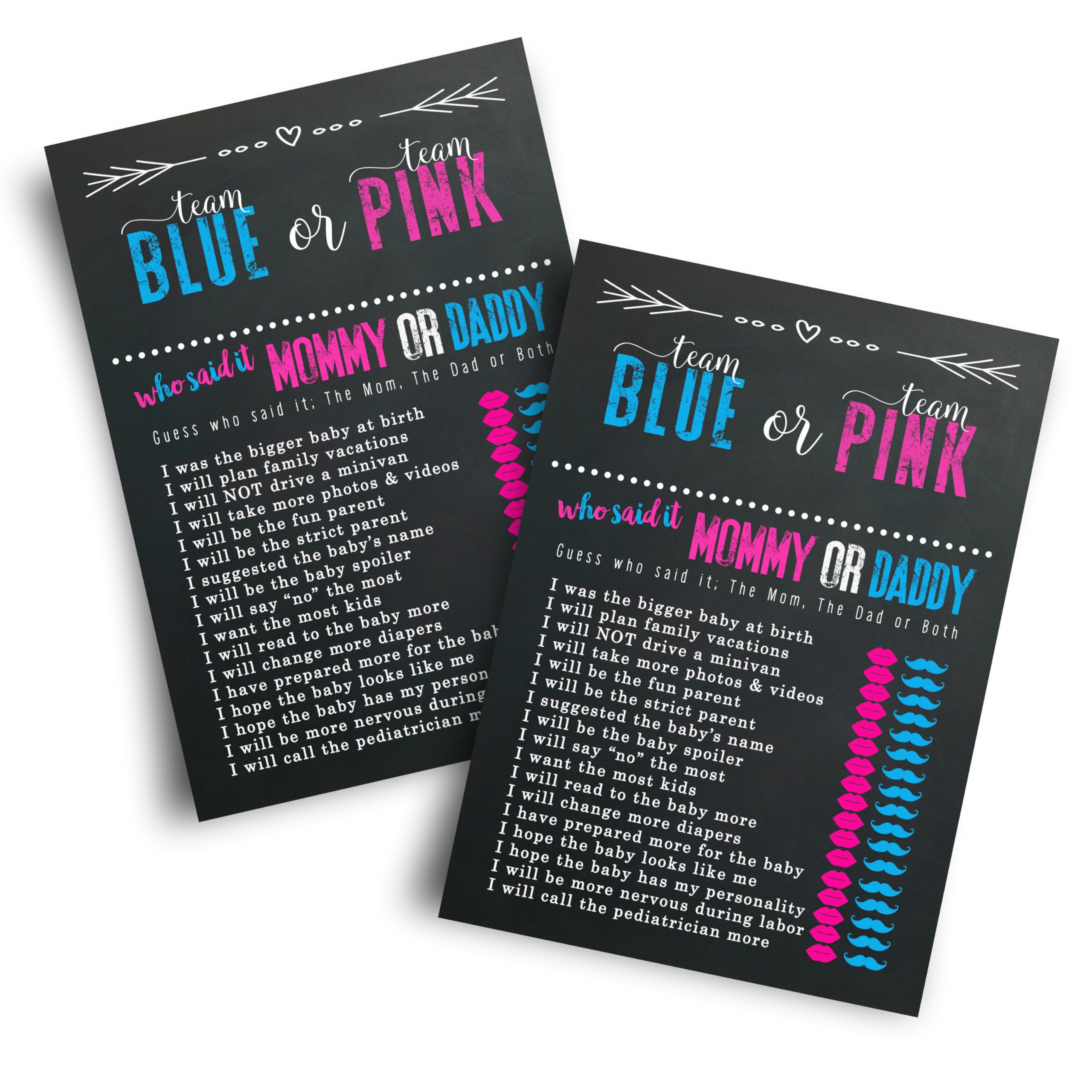 Paper Clever Party Gender Reveal Games - Guess Who Mommy or Daddy Game Cards - 25 Pack - Fun Baby Shower Activities for Guests - Neutral Pink and Blue