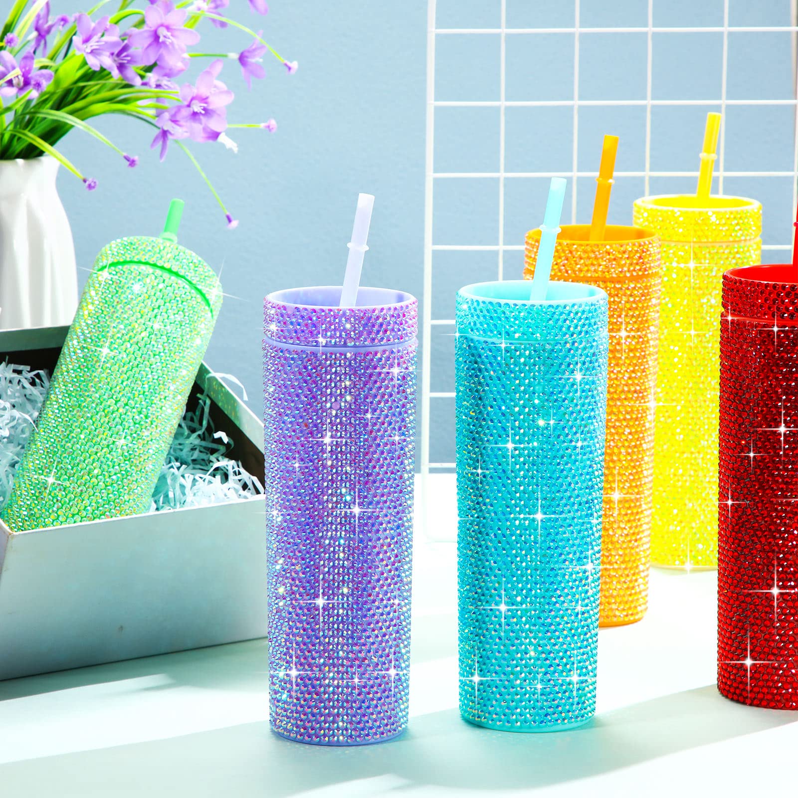 Mumufy 6 Pcs Bling Skinny Tumbler with Lids and Straws Valentine's Day Gifts for Women 16 oz Rhinestone Plastic Tumblers Bulk Double Wall Reusable Diamond Cups for Birthday Travel Party(Colorful)