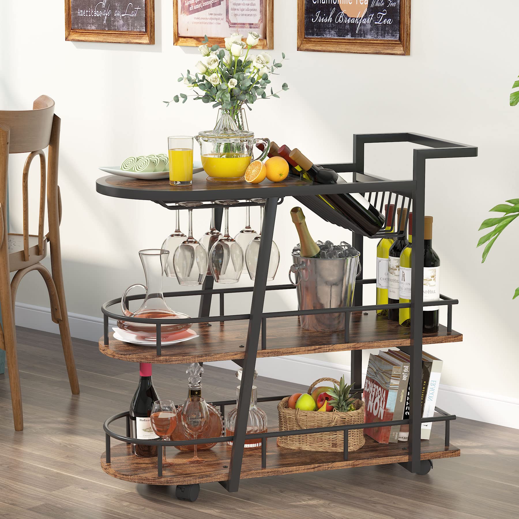 Tribesigns Bar Cart, Industrial 3Tier Home Bar Serving Cart with Wine