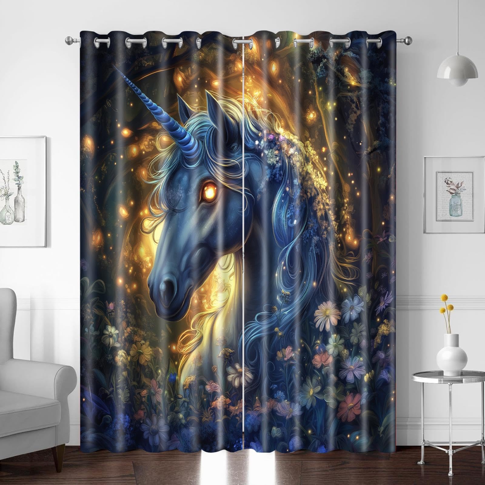 Rideaux Opaque Fleurs Licorne Imprimé, Rideau Occultant Intérieurs pour Chambre Salon, Rideaux à Oeillets Thermiques Anti Froid pour Fenêtre, 300x270cm (LXH) Lot De 2, Design Moderne