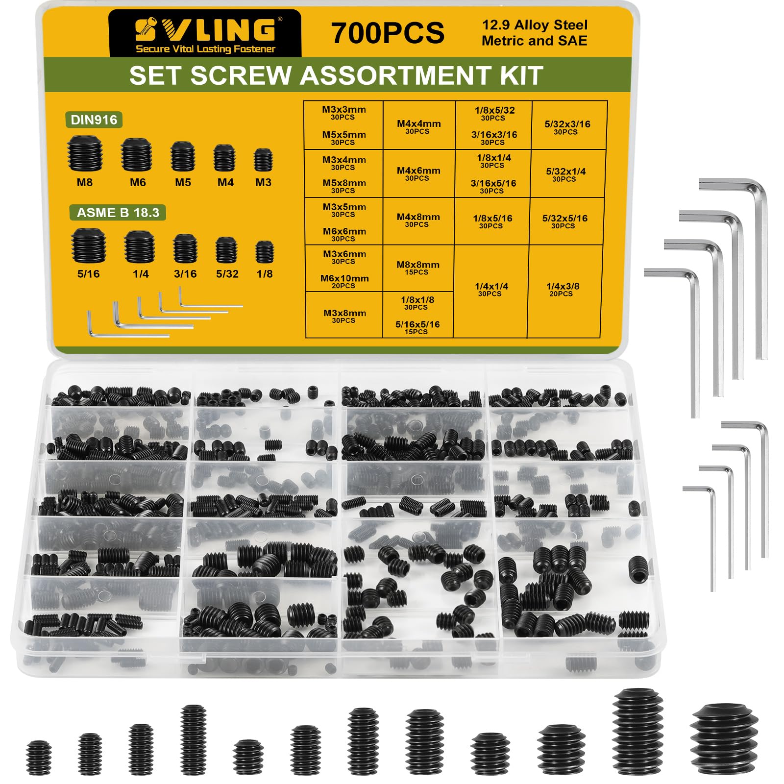 Photo 1 of SVLING Set Screw Assortment Kit 700PCS, 25 Sizes Metric and SAE Set Screws M3 M4 M5 M6 M8 1/8" 5/32" 3/16" 1/4" 5/16" Socket Screw Kit 12.9 Alloy Steel for Bathroom Fixtures Door Handles