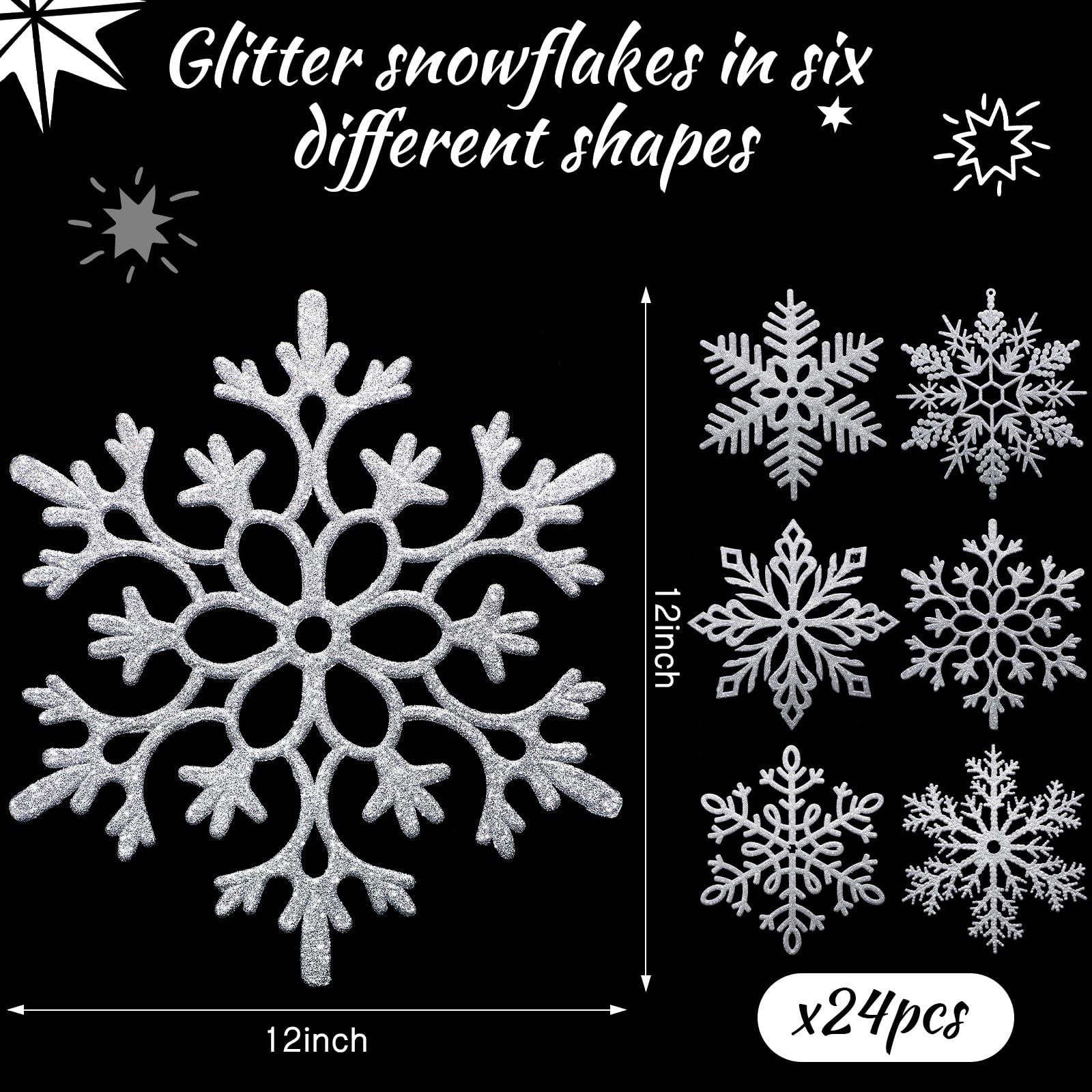 Lot de 24 flocons de neige géants à paillettes en plastique avec fil en nylon de 50 m pour décoration de Noel intérieure et extérieure Argenté 30,5 cm