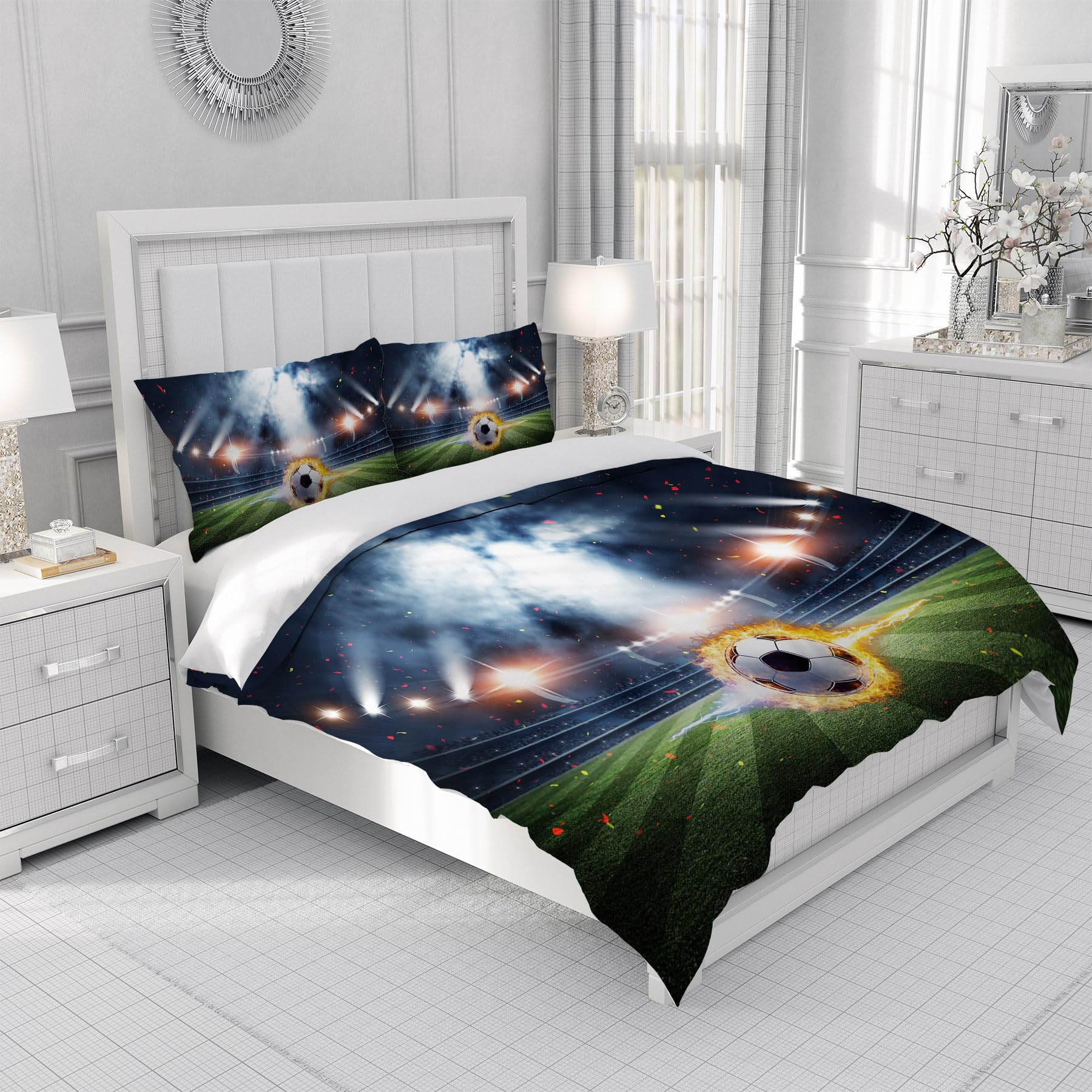 Parure de lit Football pour Enfant - Impression 3D - Housse de Couette Football 3 pièces - avec Fermeture éclair - Douce - 220 x 240 cm