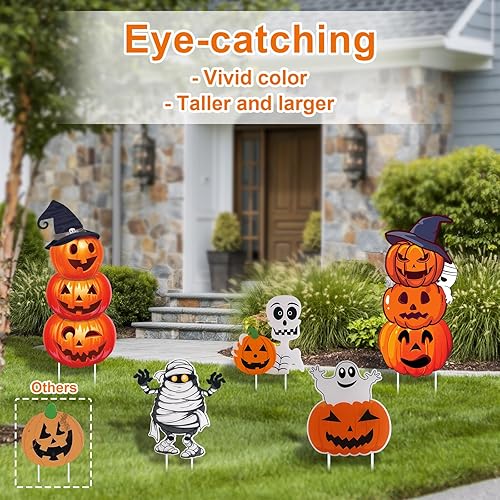 Vista 5 de GameXcel Letreros de Halloween para patio – Estacas grandes de calabaza fantasma, monstruo para decoración de Halloween, decoración de césped al