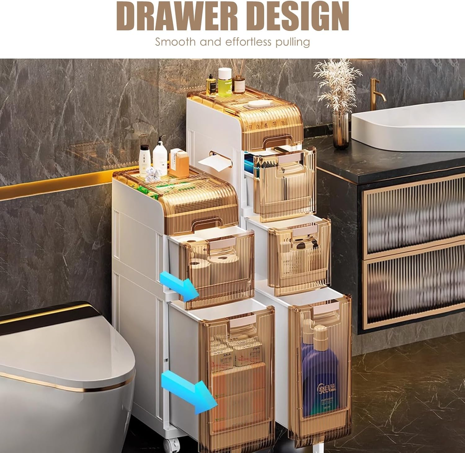 Narrow Slim Bathroom Floor Storage Cabinet - 2/3/4-Tier Rolling Organizer with Clear Drawers & Handle, Ideal for Small Spaces, Kitchen & Toilet Corner Storage Unit