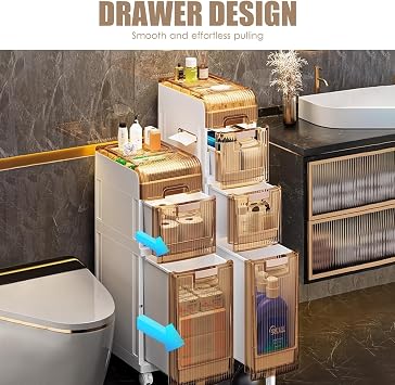 2 Tier Bathroom Floor Cabinet,Waterproof FreeStanding White Slim Bathroom Storage Unit with Daily Use Layer and Drawers, Multi-purpose Cabinet for Store Toilet Paper