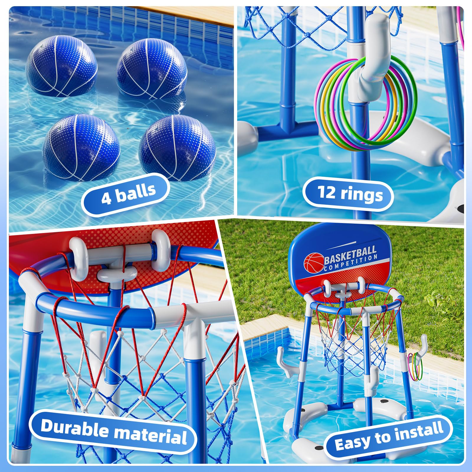 NIPLOOOW 2-in-1 Pool-Basketballkorb, schwimmendes Pool-Spielzeug mit 4 Bällen und 12 Ringwurfspiel für Kinder im Alter von 4–8 8–12 Jahren, Outdoor-Schwimmen, Wasser-Basketball für Pool, Familienparty