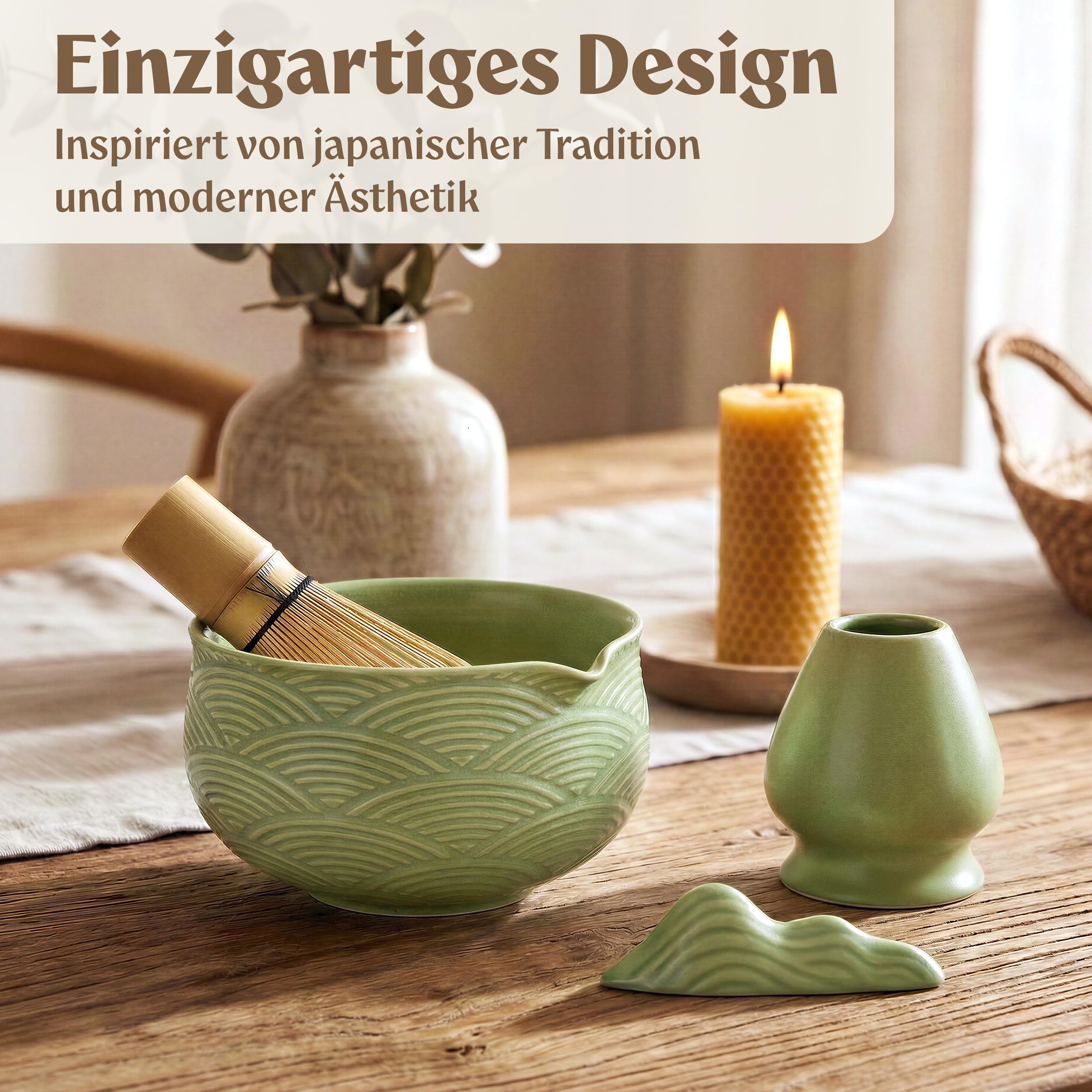 EDELHAUS Matcha Set (7 Teilig) Matcha Schale mit Besen, Sieb, Löffel - Einzigartiges Design Ceremonial Grade Matcha Tee Set (Grün)