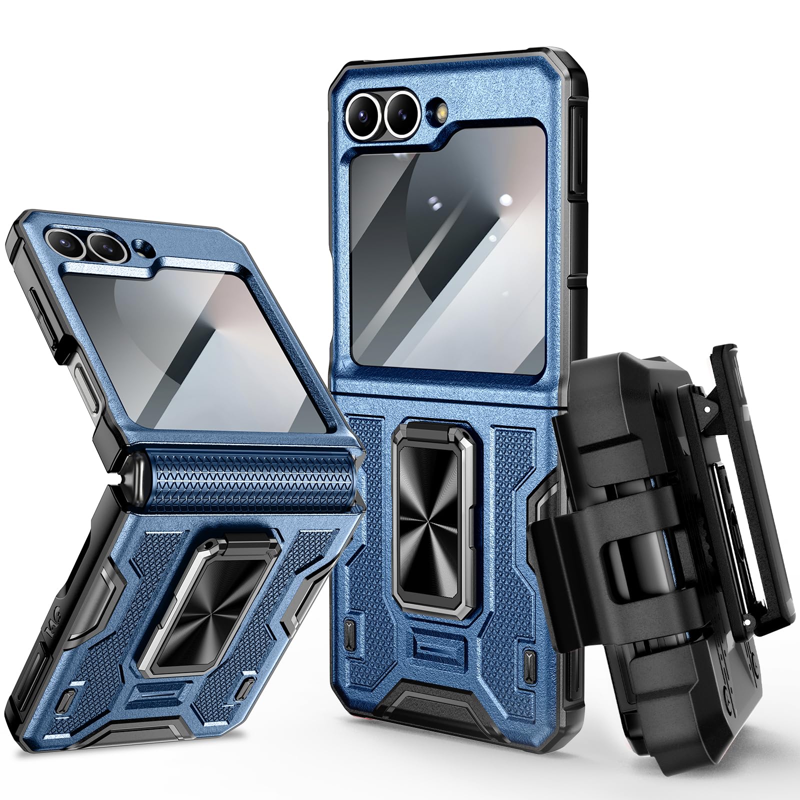 VEGO for Samsung Flip 6 Case with Belt Clip Holster, Hinge Protection Case with 360° Ring Kickstand & Camera Screen Protector Heavy Duty Protective Armor Case for Galaxy Z Flip 6 - Blue