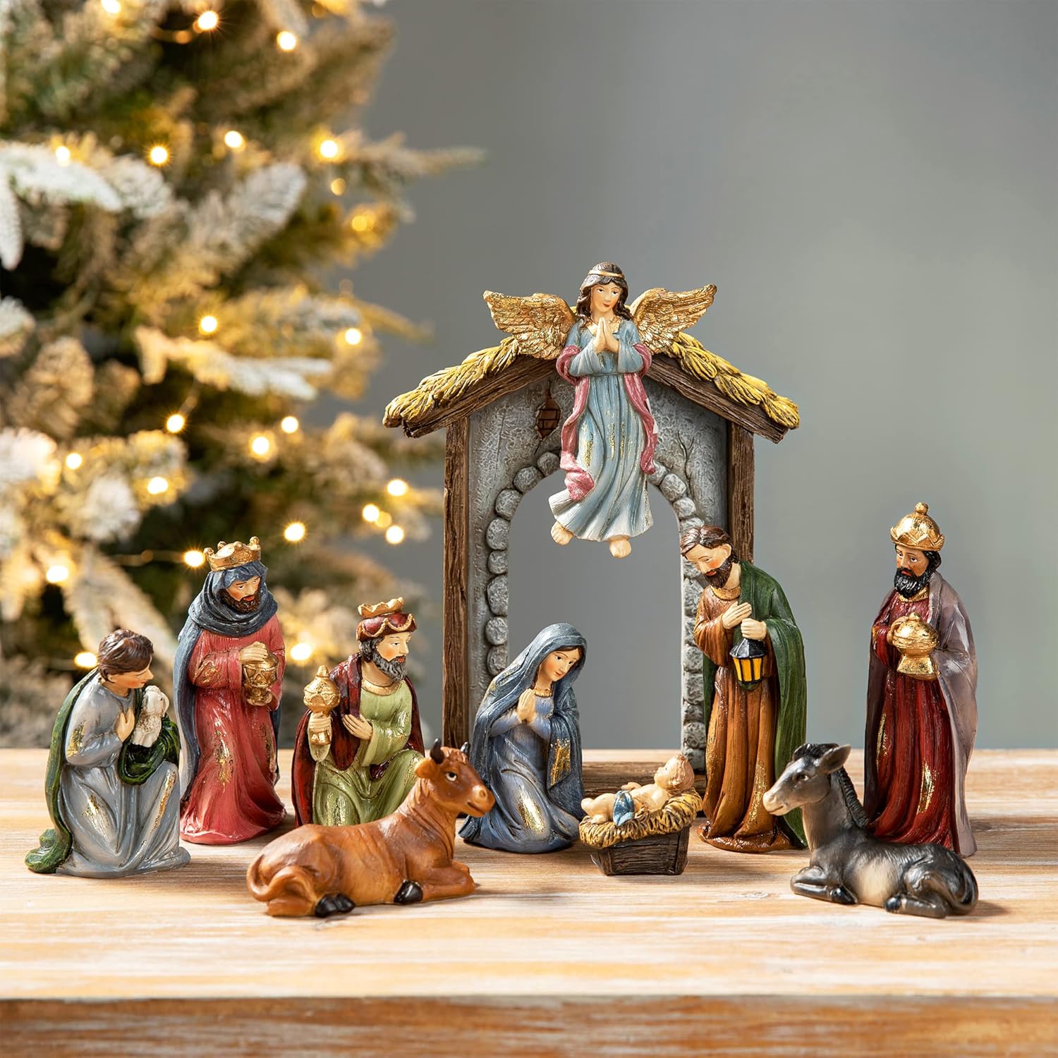 glitzhome 11Pcs Resin Nativity Figurines Set Christmas Ornaments Gifts