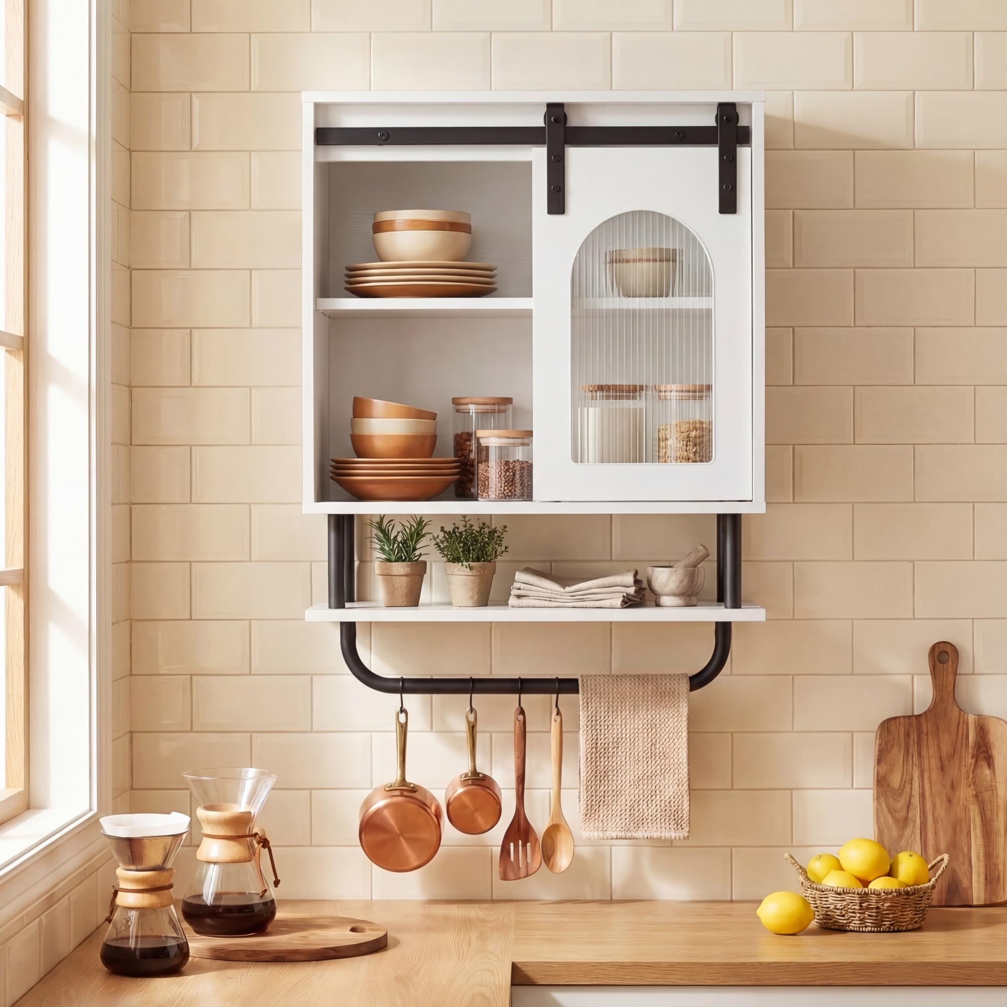 LIFEZEAL Armoire Murale de Salle de Bain, Armoire avec Porte-Serviettes et Compartiment Ouvert, Meuble Suspendu pour Salle de Bain, Cuisine, Salon, 50 x 20 x 70 cm (Blanc3)