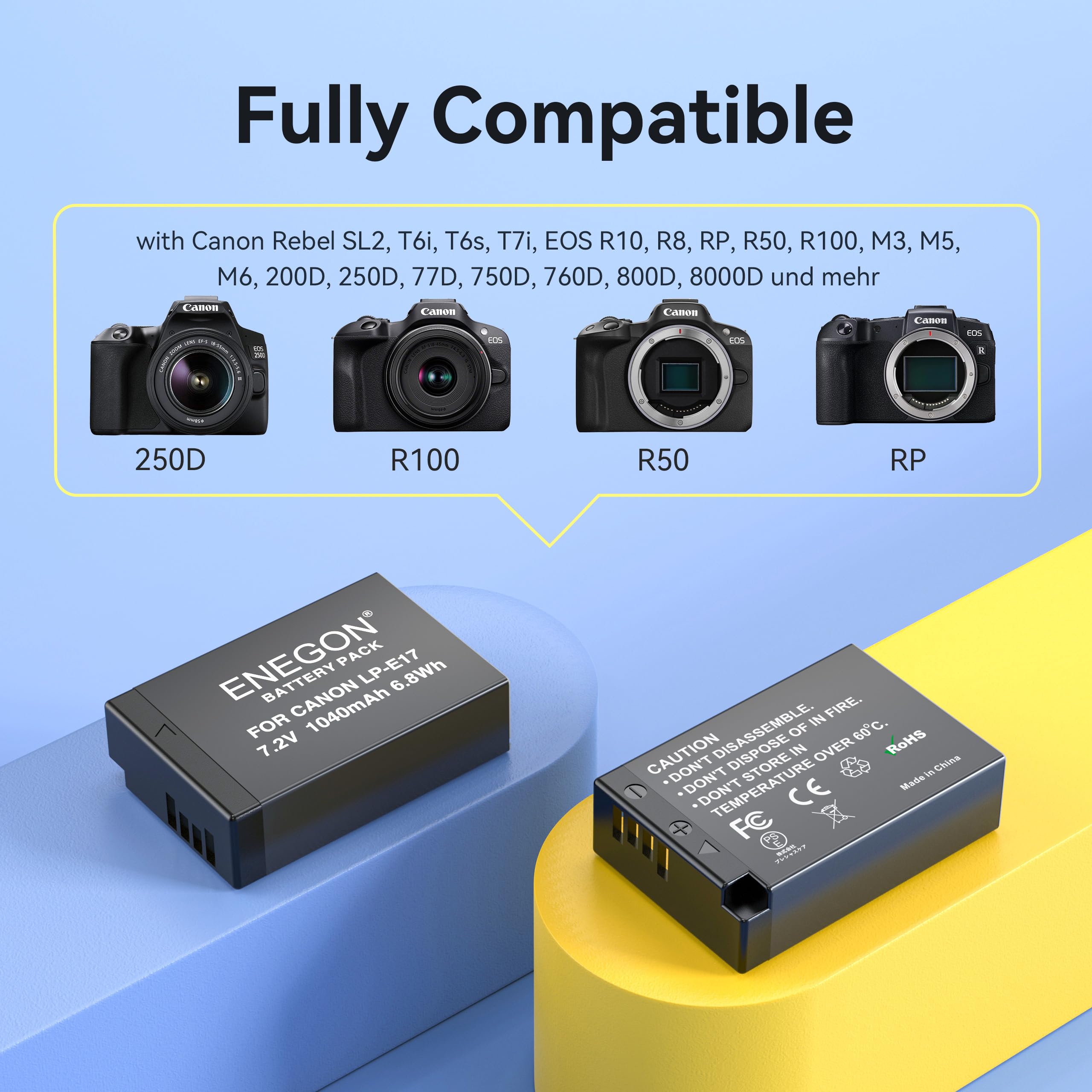 ENEGON 2 X LP-E17 1040mAh Batterien (ohne Kapazitätsverfälschung) + zweifach LCD-Ladegerät mit Doppel-Eingang, kompatibel mit Canon EOS R10/R8/RP/R50/R100/M3/M5/M6/200D/250D/750D/760D/800D/850D
