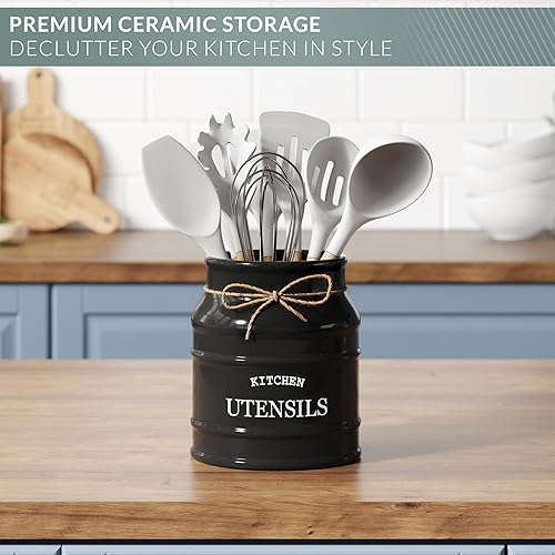 Miniatura 4 de Barnyard Designs Soporte de Utensilios de Cerámica de Granja para Encimera de Cocina, Grande Utensilio de Cocina Rústico, Organizador de Negro