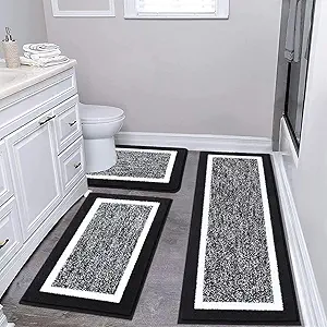 Pauwer Bathroom Rug Set - 3 Piece Shower Mats with U-Shaped Contour Toilet Mat, Absorbent Microfiber Plush Bath Mats, Non Slip, Machine Washable Shaggy Floor Mats