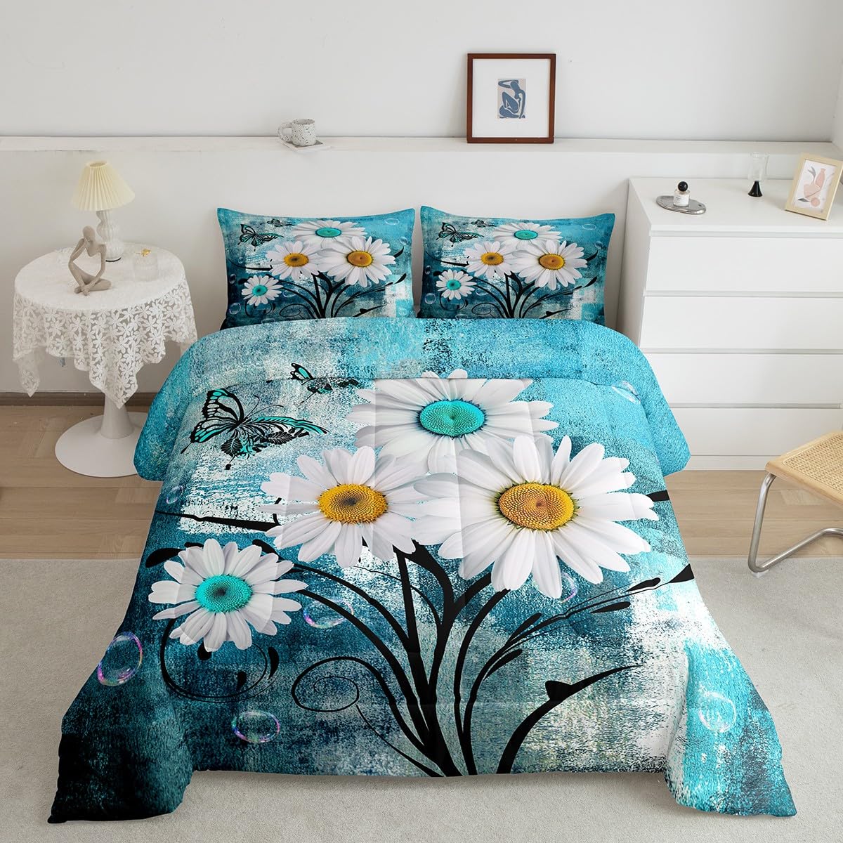 Teal Comforter Set for Kids Teens Youth,Retro Tie Dyed Duvet Insert Lightweight,Grunge Turquoise and Grey Watercolor Bedding Sets Full,Ombre Floral