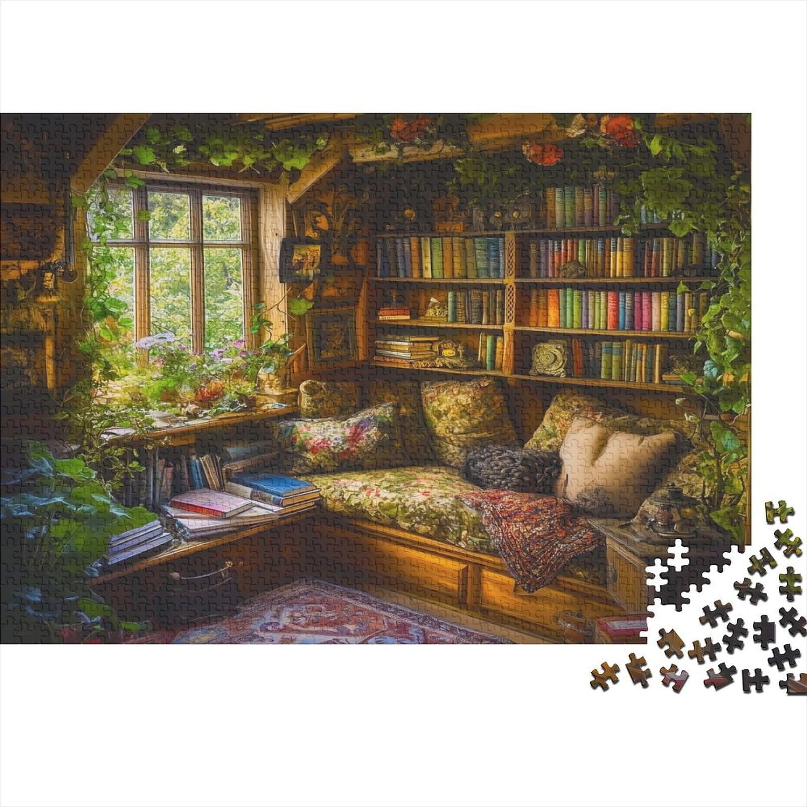 Cozy Library Jigsaw Puzzles for Adults 1000 Piece Book Shelves Jigsaw Puzzle for Adults Wood Puzzle Challenging And Brainteasing Suitable for Wall Decoration And Gifts 1000pcs (75x50cm)