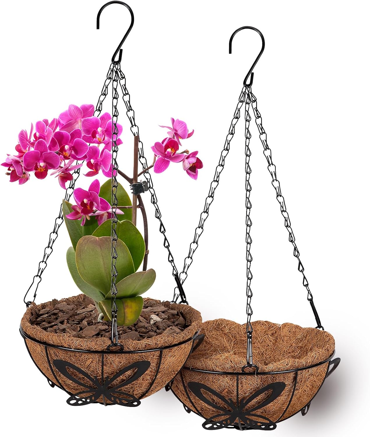 QCQHDU 2 Pack 10 inch Metal Hanging Orchid Baskets for Plants Outdoor, Hanging Orchid Planter Basket with Coco Liners, Orchid Pots with Holes for Garden, Patio, Deck, Porch Plants(Butterfly)