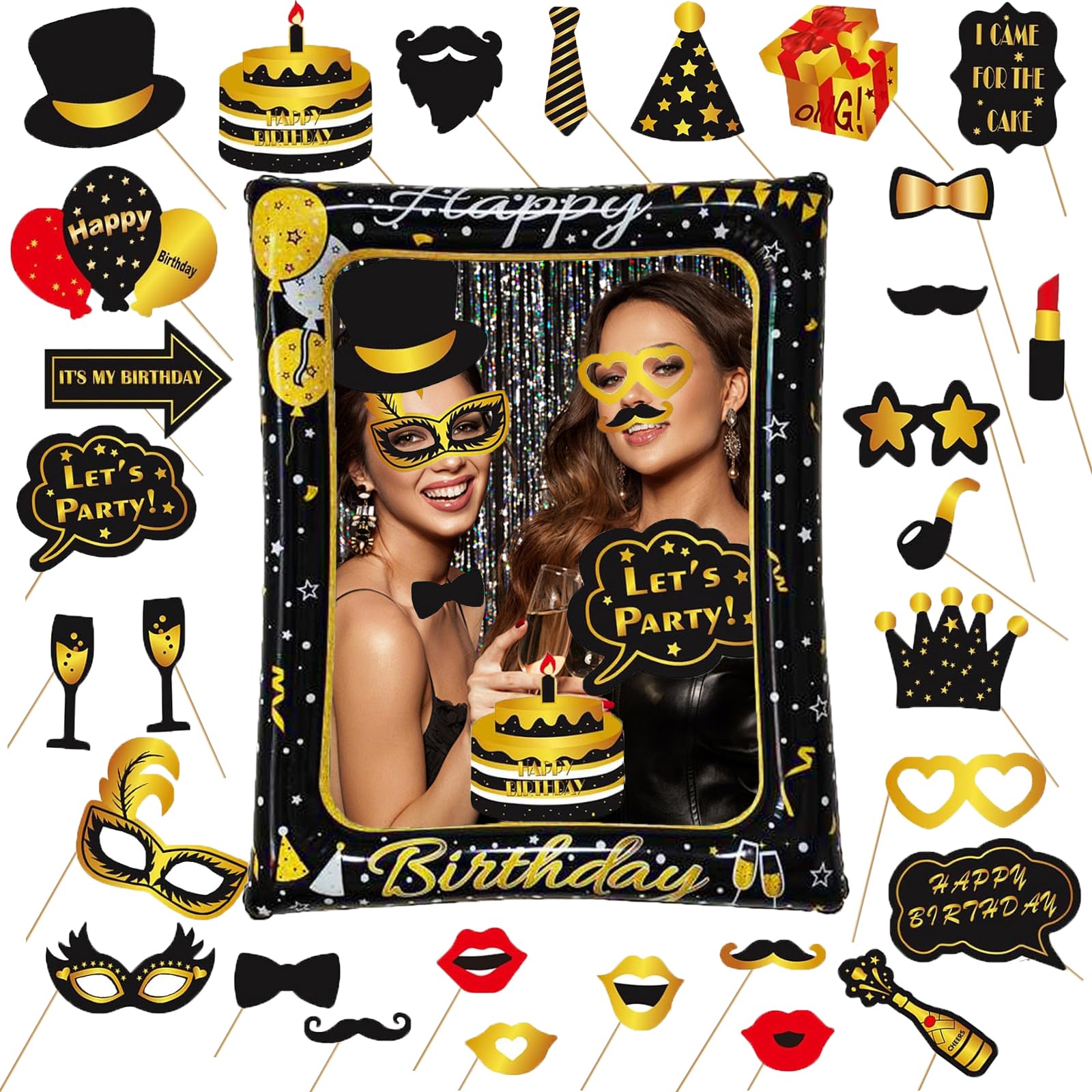 Acquwistach Black Gold Birthday Inflatable Frame, 31Pcs Photo Inflatable Booth Props, Gold Black Frame Decorations, Selfie Frame, For Her Him Birthday, Family Fun Holiday Party Supplies