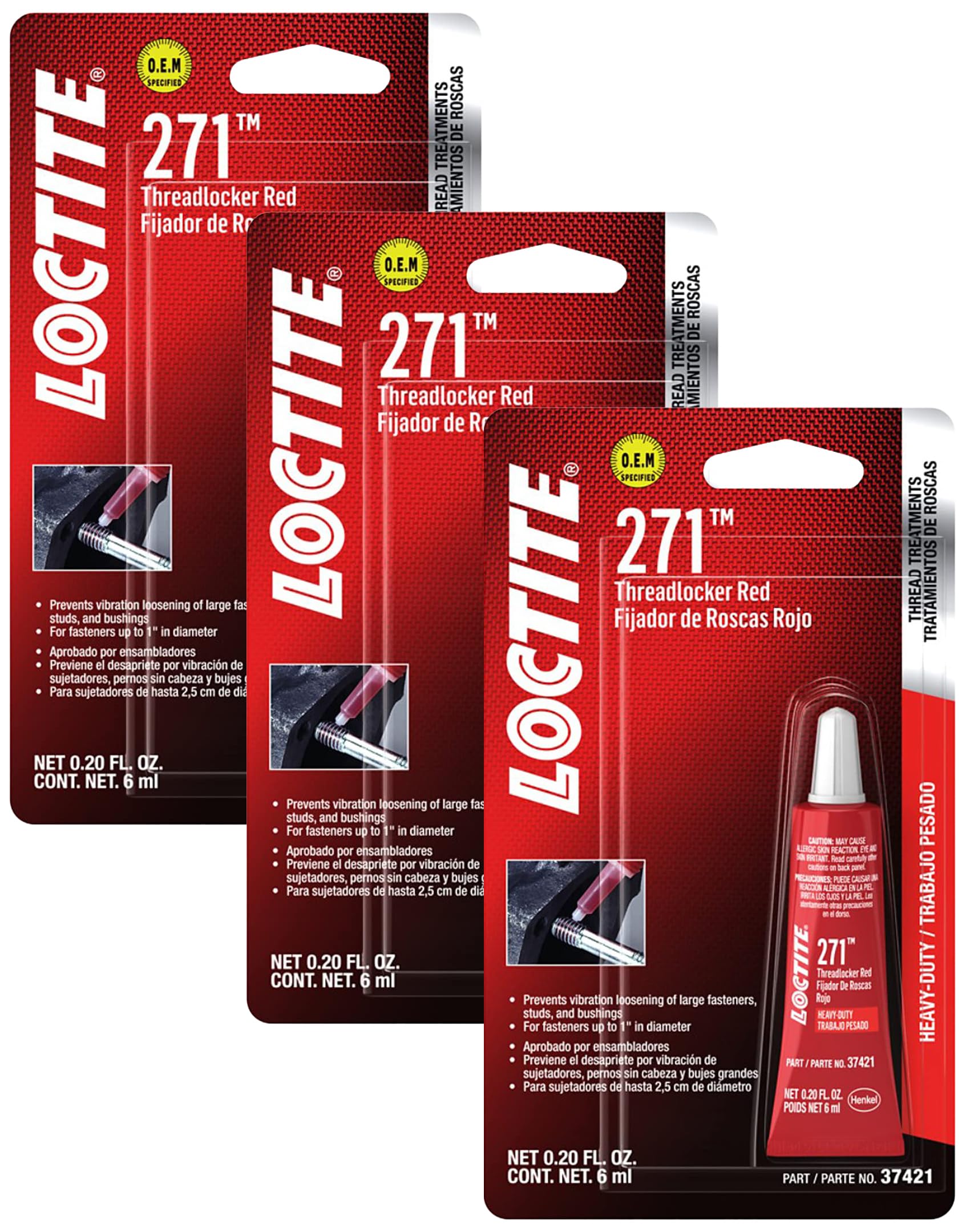 LOCTITE 271 Threadlocker for Automotive: High-Strength, High-Temp, Anaerobic, Heavy-Duty Applications, Works on All Metals | Red, 6 ml Tube (PN: 37421-487232) (Pack of 3)