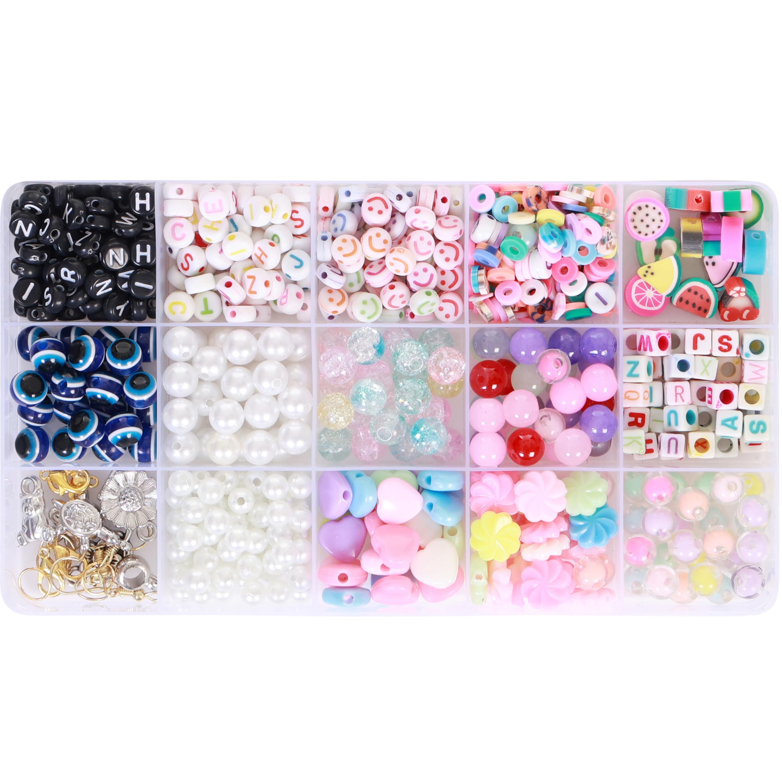 Ambitieux 15-Compartment Bracelet Making Kit for Girls & Kids – 400+ Beads Including Evil Eye, Pearl, Alphabet, Smileys, Hearts, Charms & Tools – DIY Jewelry Craft Set with Cutter, Elastic Thread & Gift Bag Birthday girls 2 3 4 5 6 7 8 9 years (All mix) - Image 4 thumbnail