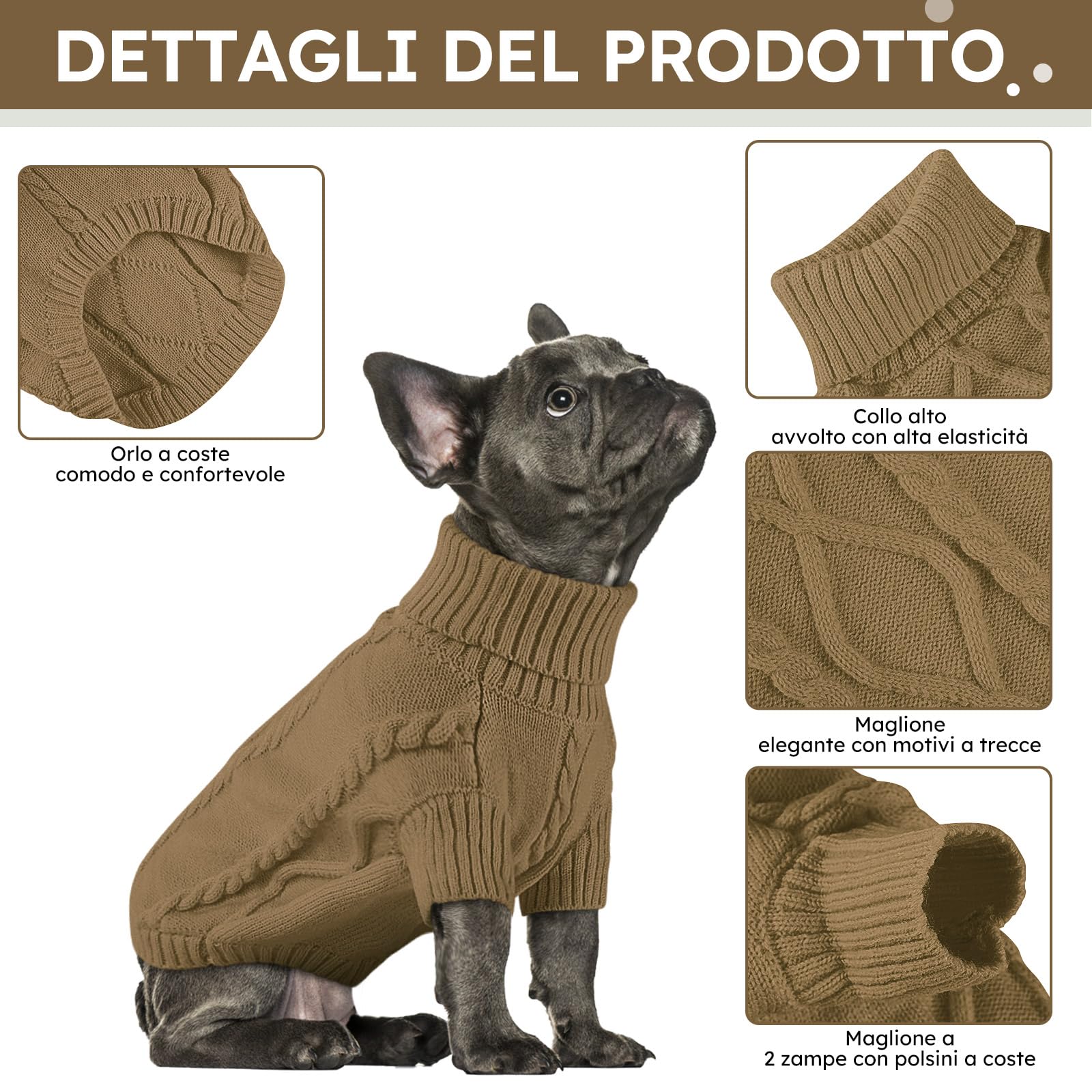Queenmore Maglione Cane Taglia Grande Maglioncino Per Cani Felpa Cane Taglia Grande Ritorto Vestiti Per Gatti Maglione Per Labrador, Pastore Tedesco, Golden Retriever Bulldog Francese, Marrone, 3XL