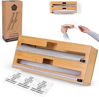 Foil and Plastic Wrap Organizer - Plastic Wrap Dispenser with Cutter, aluminum foil dispenser, aluminum foil organization and storage, Bamboo plastic saran wrap dispenser with cutter, 12" Roll
