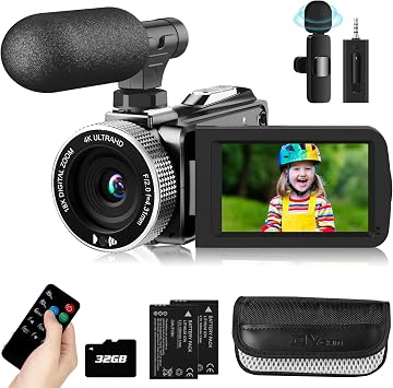 كاميرا فيديو كاميرا فيديو 4 K 48 MP 30 FPS Vlogging كاميرا ليوتيوب مع ميكروفون لاسلكي Lavalier & كاميرات فيديو ميكروفون خارجية للتصوير باستخدام بطاقة SD سعة 32 جيجابايت وبطاريتين
