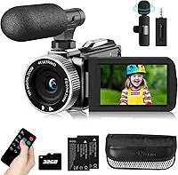 Câmera de vídeo 4K 48MP 30FPS Vlogging para YouTube com microfone de lapela sem fio e câmeras de vídeo com microfone externo para filmagem com cartão SD de 32 GB e 2 baterias