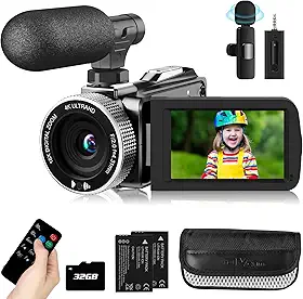 Câmera de vídeo 4K 48MP 30FPS Vlogging para YouTube com microfone de lapela sem fio e câmeras de vídeo com microfone externo para filmagem com cartão SD de 32 GB e 2 baterias
