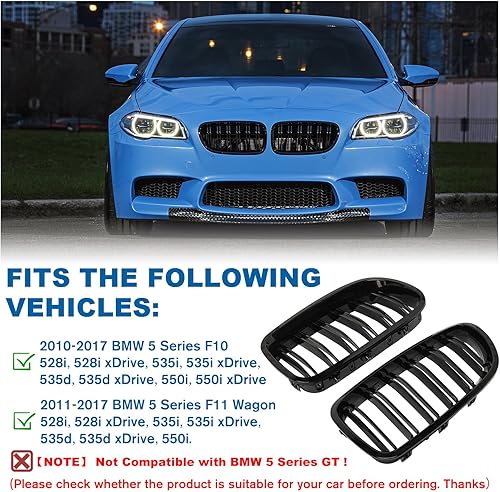 Miniatura 2 de Rejilla frontal F10 para riñón con doble listón, color negro brillante, compatible con BMW Serie 5 2010-2017, F10, F11, F18, Sedan 520i, 528i, 535d